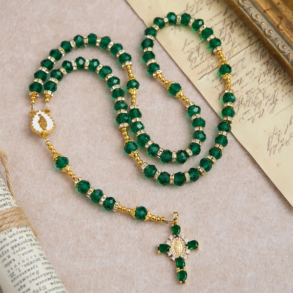 Emerald Green Faceted Glass Rosary with Luxurious Our Lady Cross