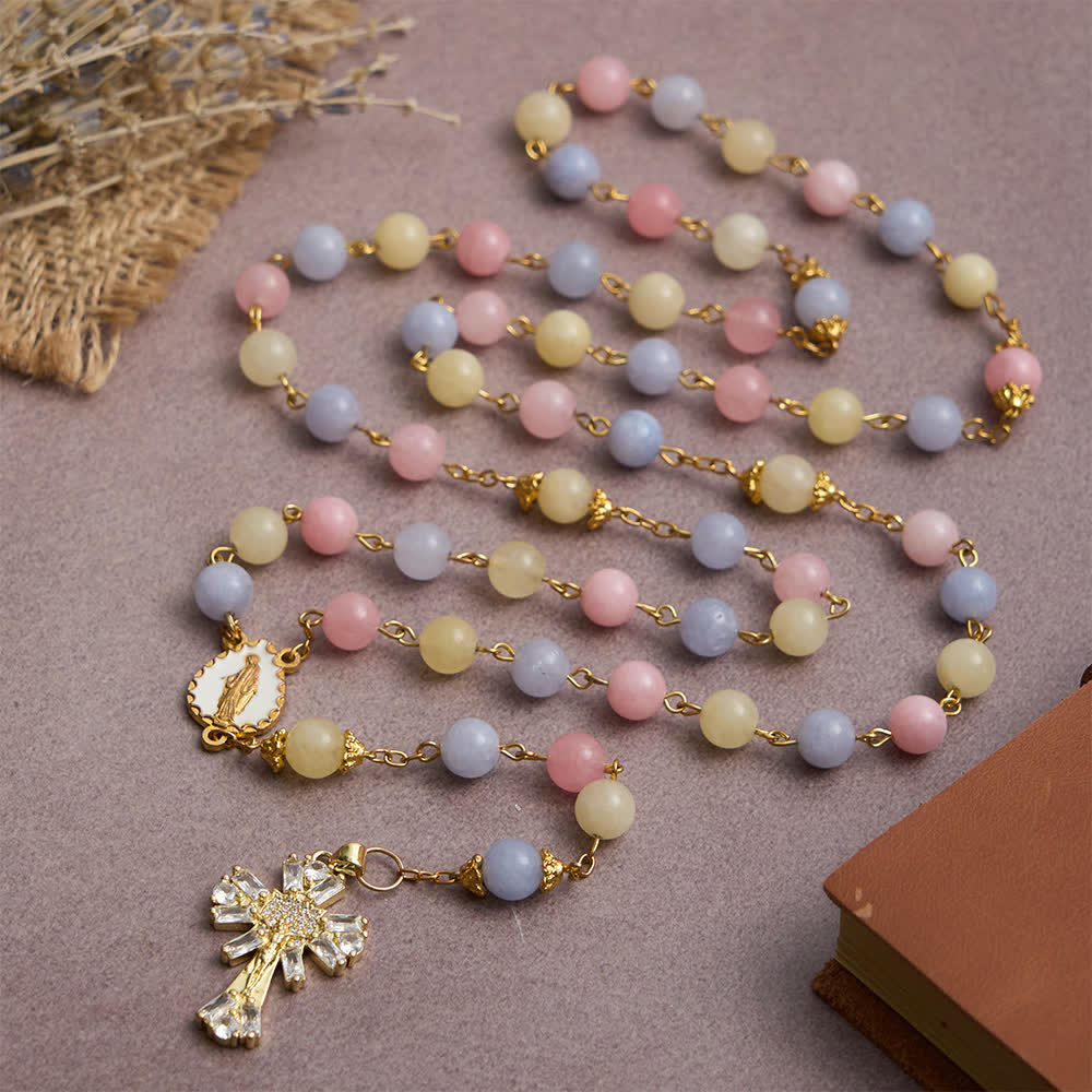 Pastel Morganite Beads Rosary with Sparkling Crucifix & Our Lady