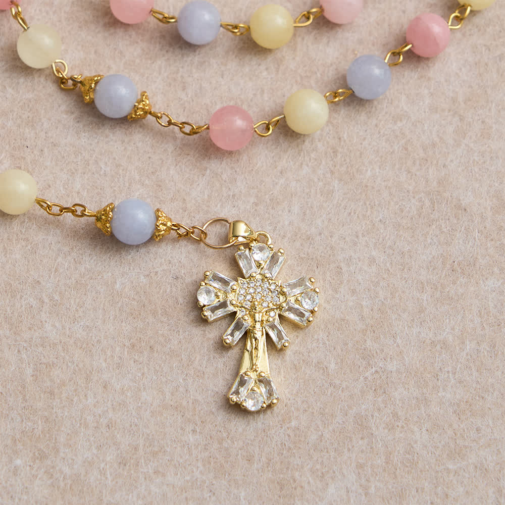 Pastel Morganite Beads Rosary with Sparkling Crucifix & Our Lady