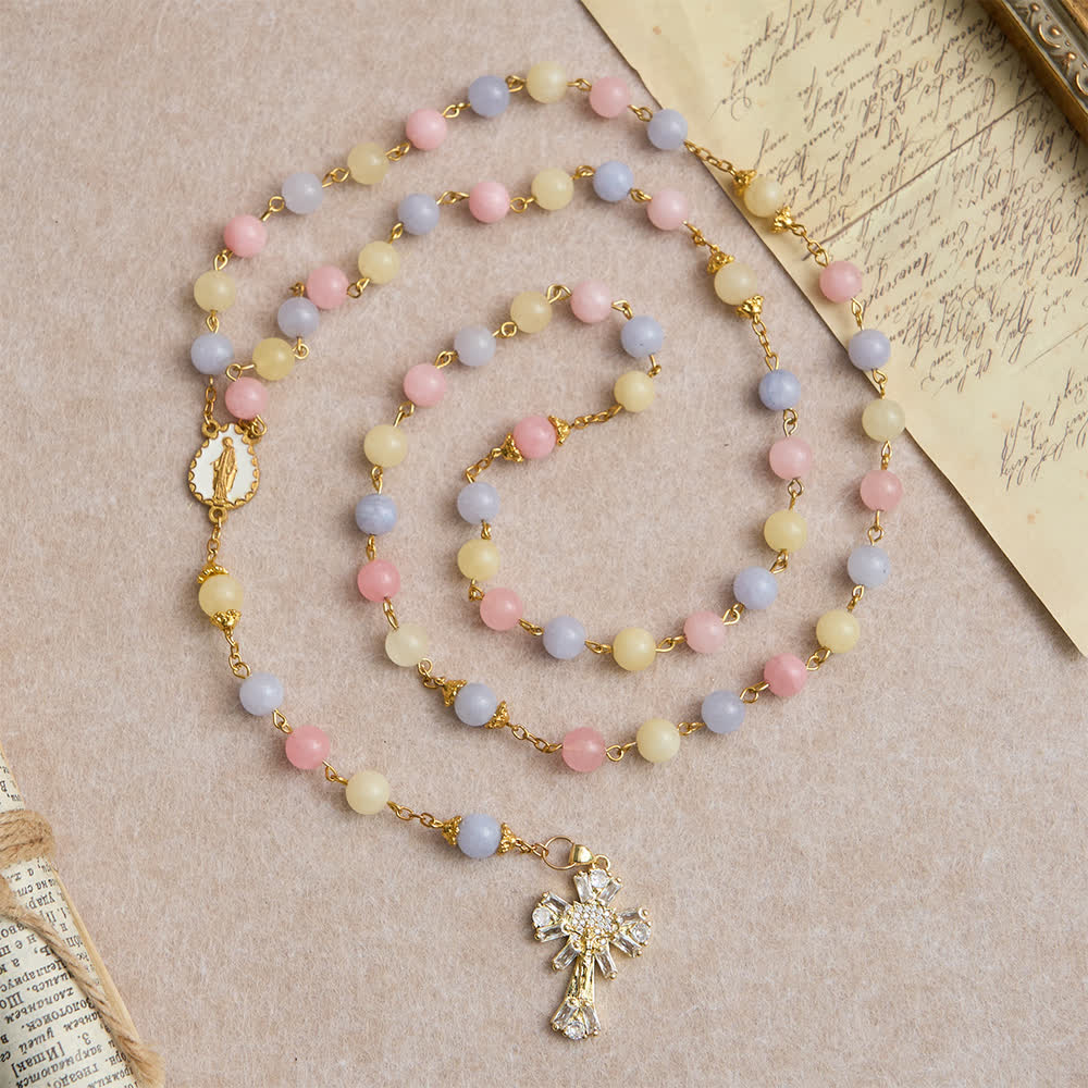 Pastel Morganite Beads Rosary with Sparkling Crucifix & Our Lady
