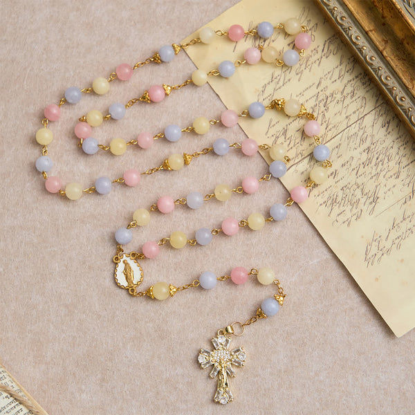 Pastel Morganite Beads Rosary with Sparkling Crucifix & Our Lady
