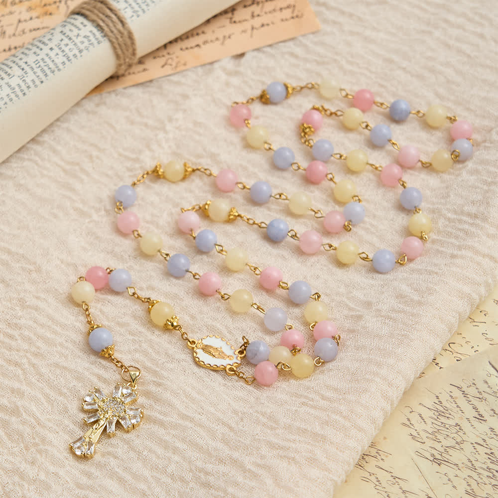 Pastel Morganite Beads Rosary with Sparkling Crucifix & Our Lady