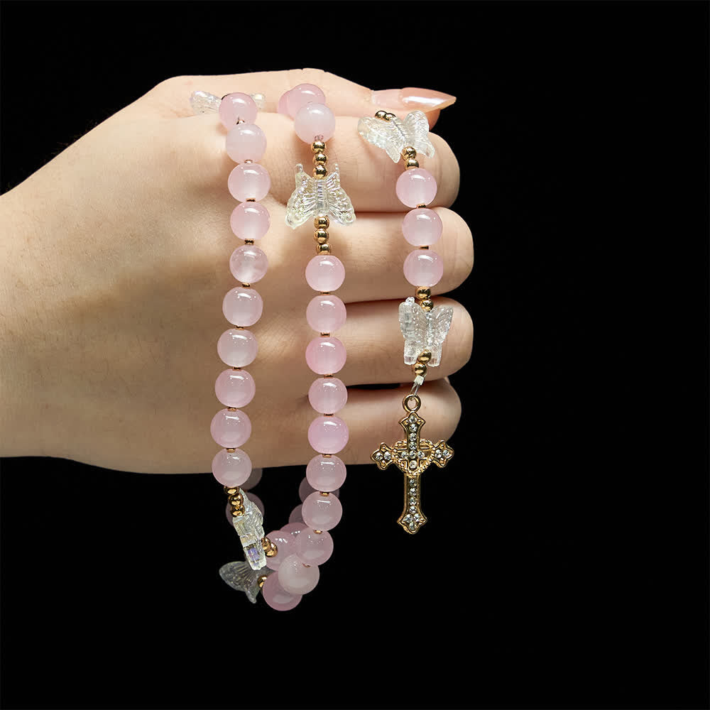 Soft Pink Glass Butterfly Rosary with Sparkling Our Lady & Cross
