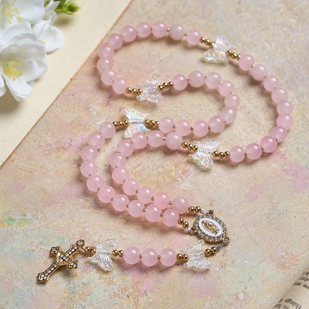 Soft Pink Glass Butterfly Rosary with Sparkling Our Lady & Cross