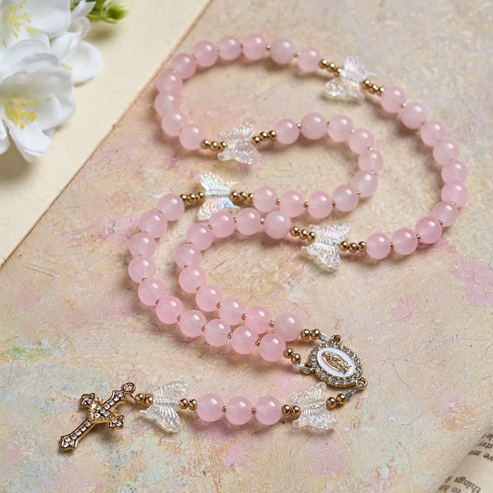 Soft Pink Glass Butterfly Rosary with Sparkling Our Lady & Cross