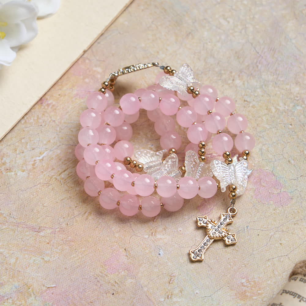 Soft Pink Glass Butterfly Rosary with Sparkling Our Lady & Cross