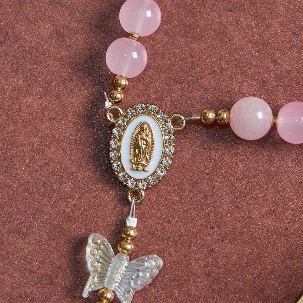 Soft Pink Glass Butterfly Rosary with Sparkling Our Lady & Cross