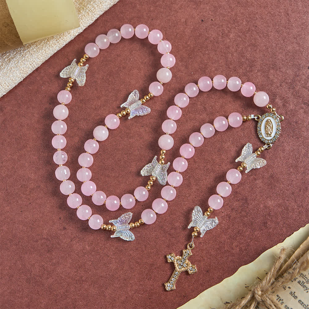 Soft Pink Glass Butterfly Rosary with Sparkling Our Lady & Cross