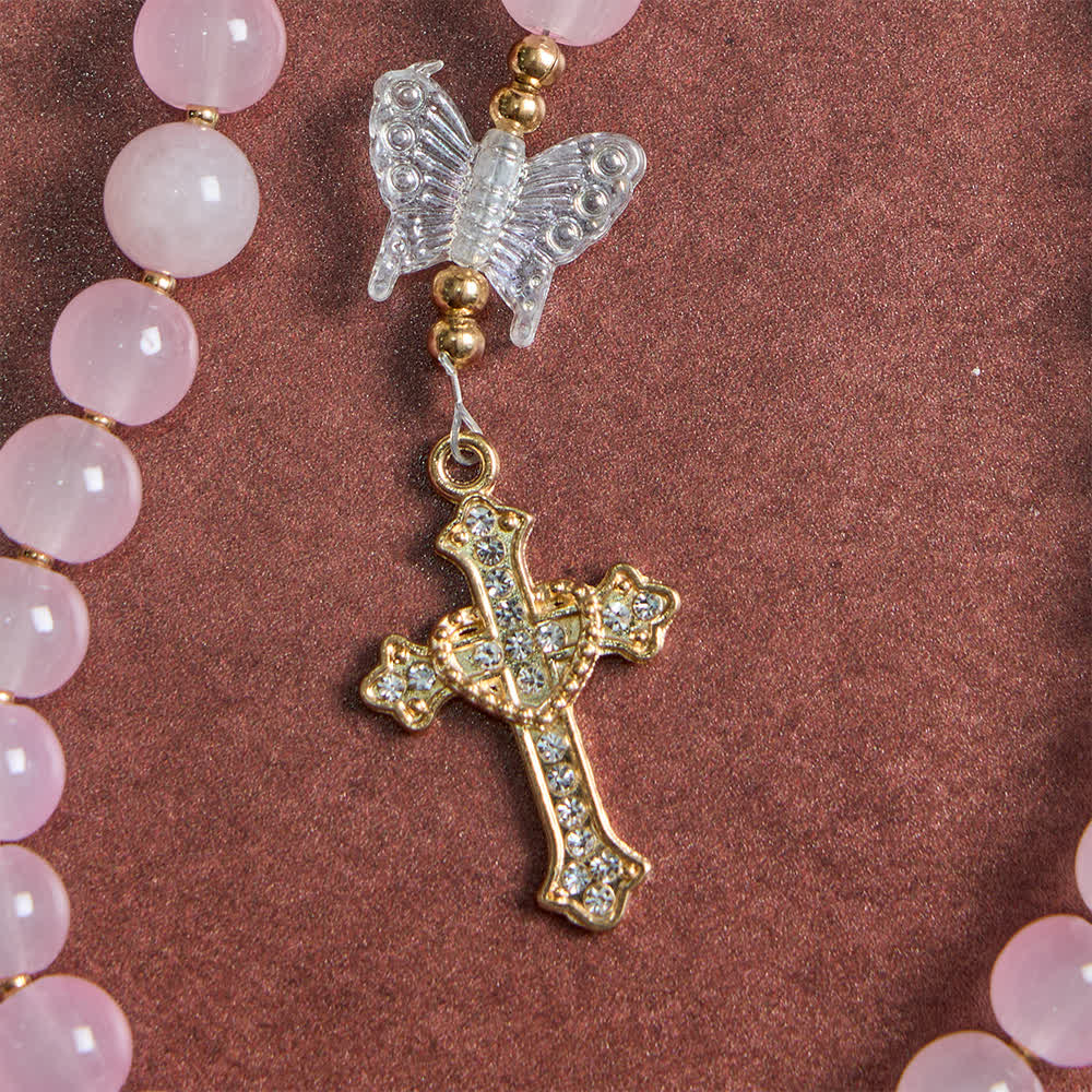 Soft Pink Glass Butterfly Rosary with Sparkling Our Lady & Cross