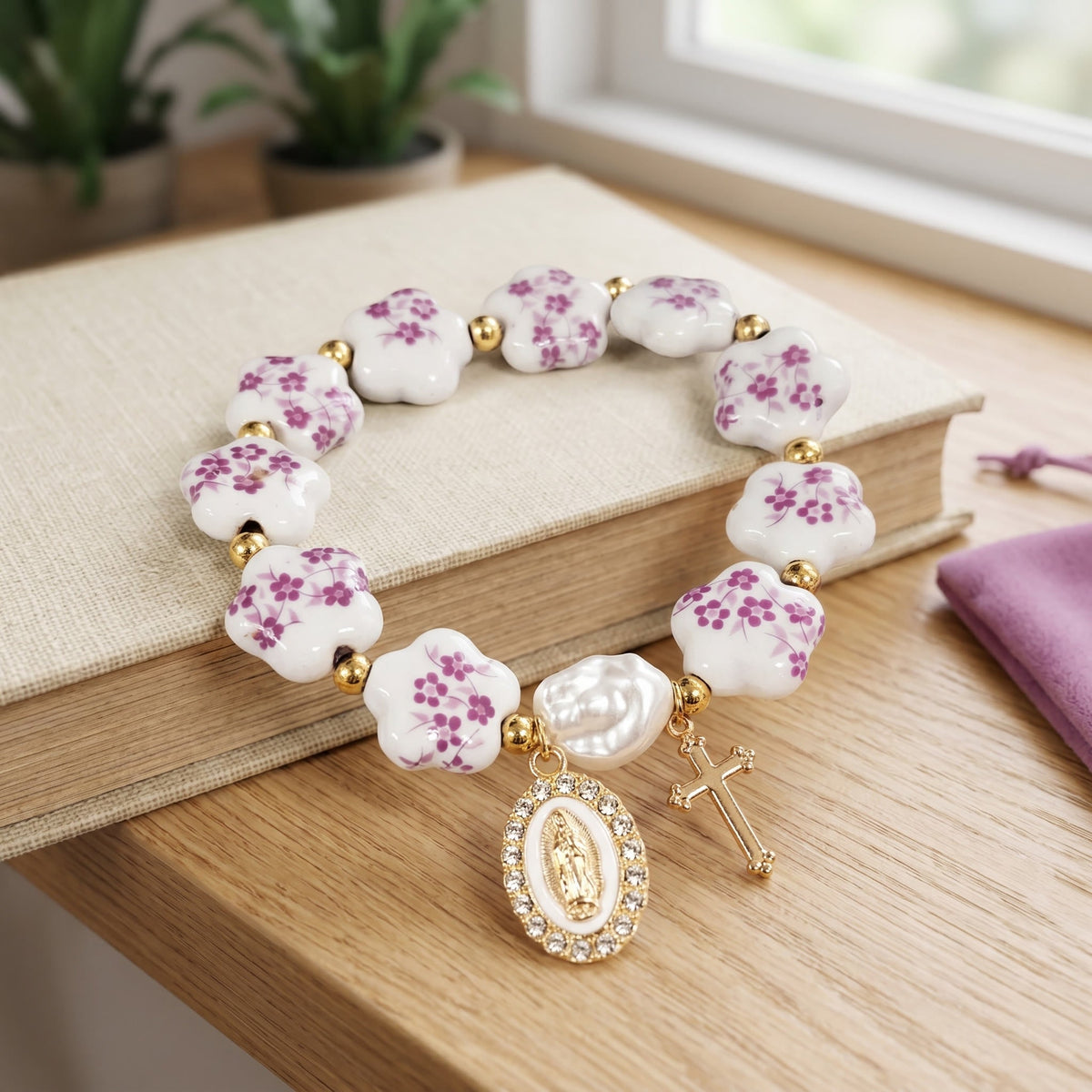 Floral Ceramic Porcelain Bracelet With Our Lady Medal & Cross Pendant (3 Styles)