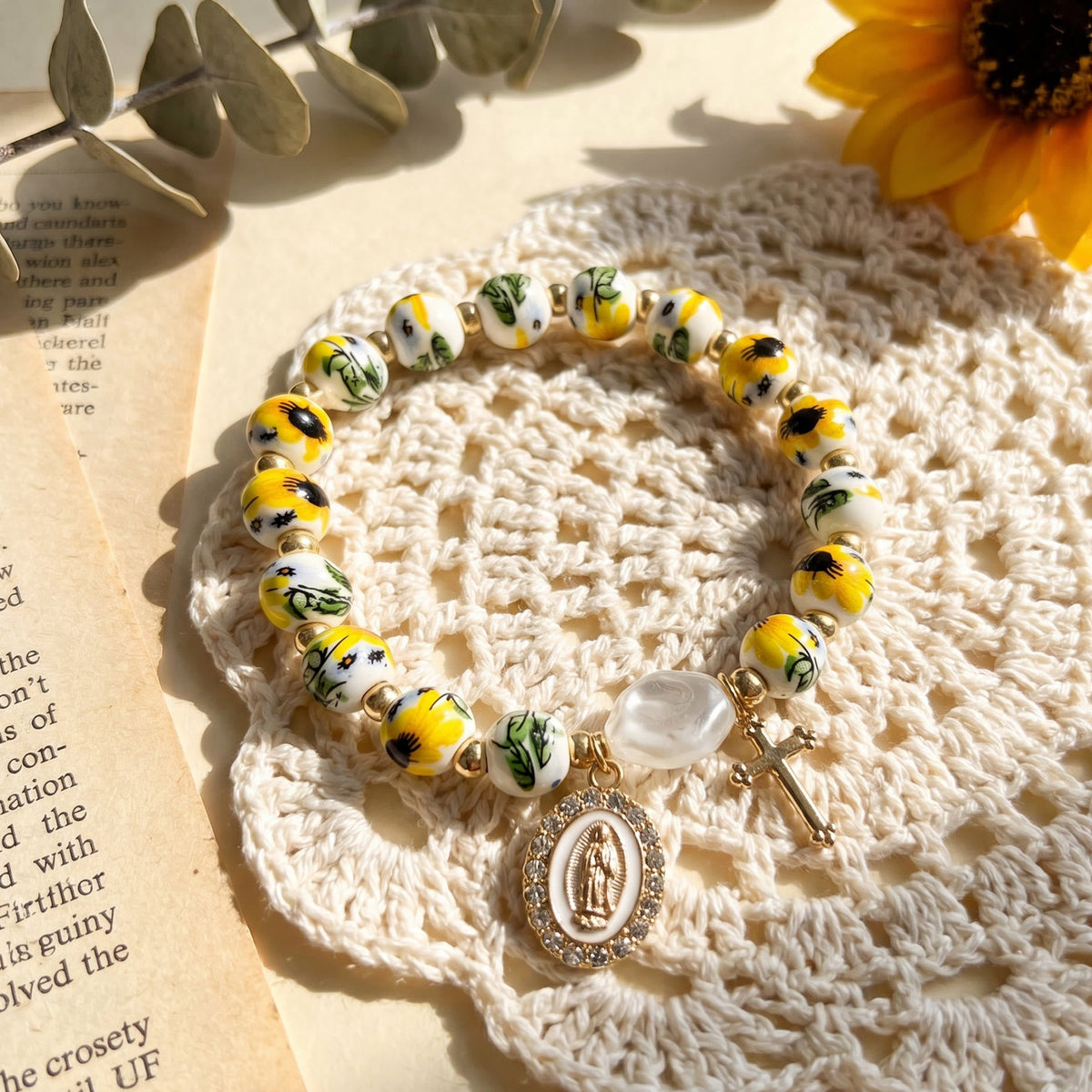 Floral Ceramic Porcelain Bracelet With Our Lady Medal & Cross Pendant (3 Styles)