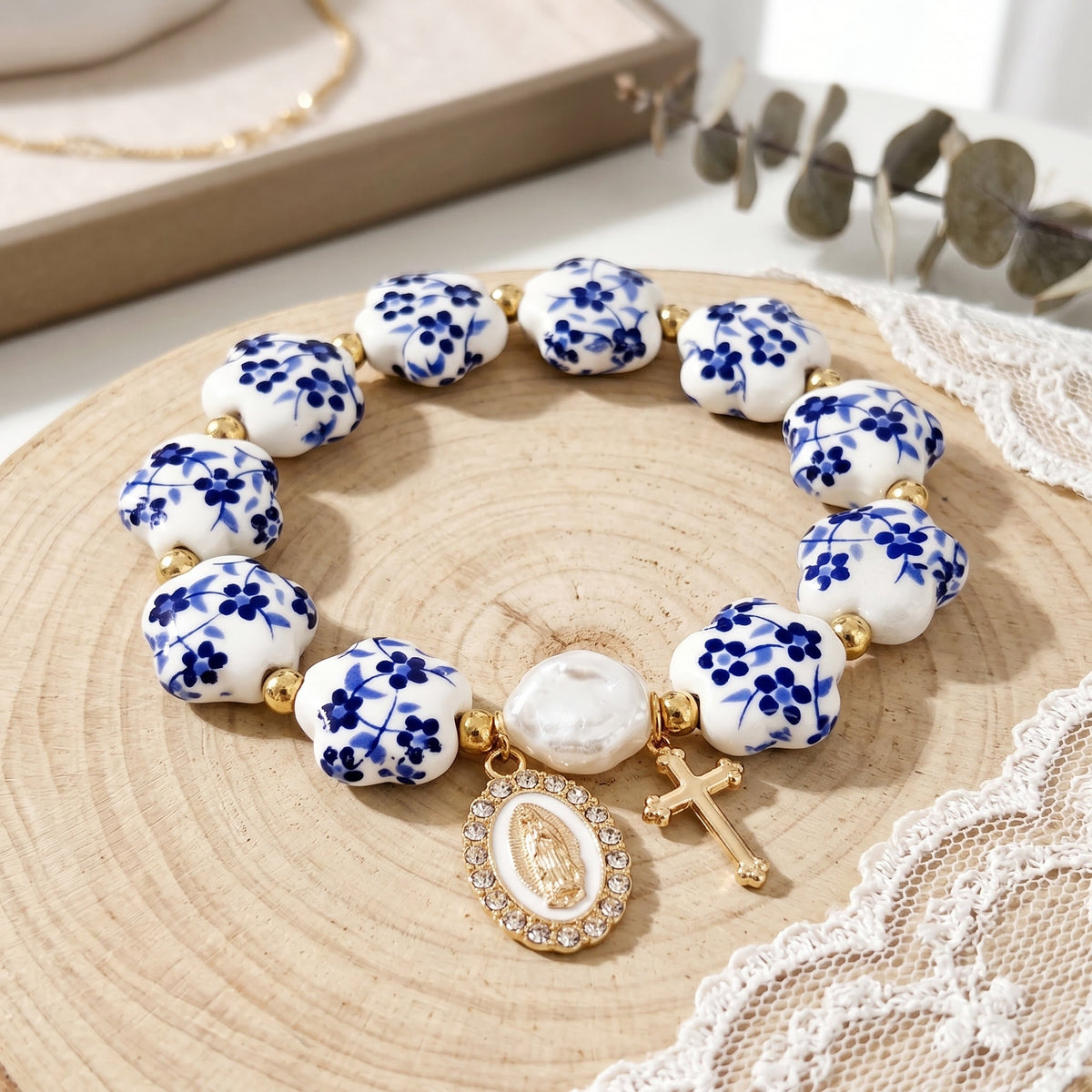 Floral Ceramic Porcelain Bracelet With Our Lady Medal & Cross Pendant (3 Styles)
