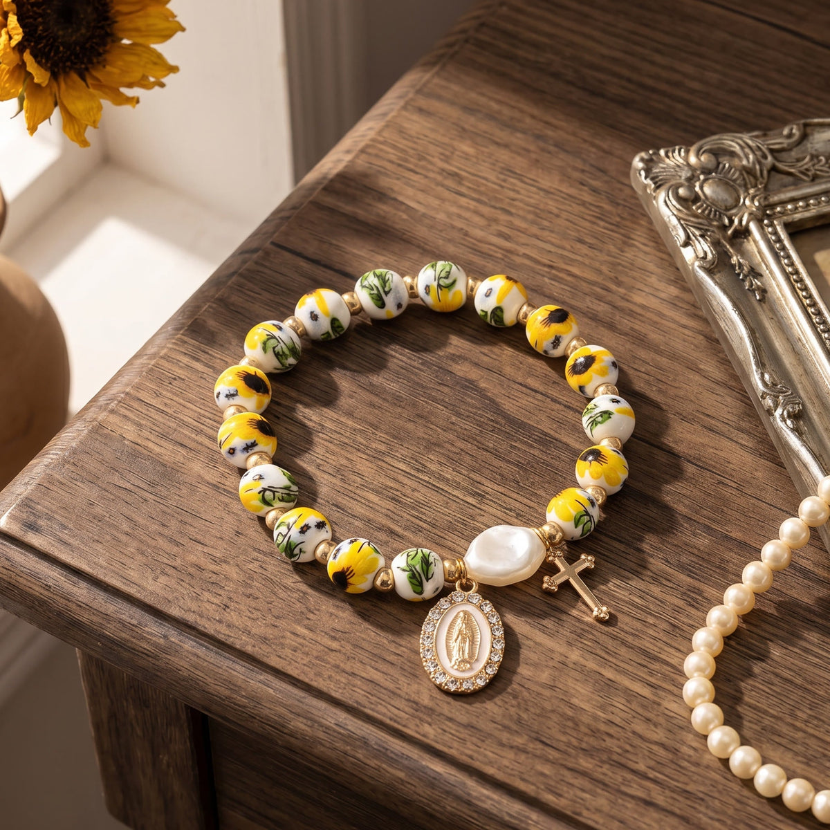 Floral Ceramic Porcelain Bracelet With Our Lady Medal & Cross Pendant (3 Styles)
