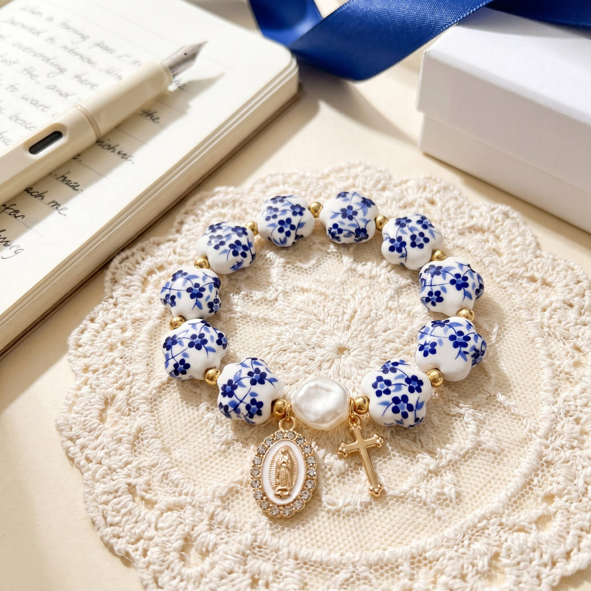 Floral Ceramic Porcelain Bracelet With Our Lady Medal & Cross Pendant (3 Styles)