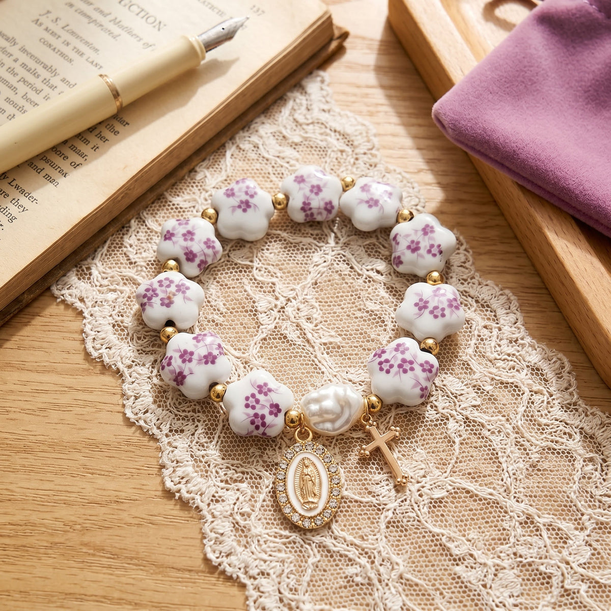 Floral Ceramic Porcelain Bracelet With Our Lady Medal & Cross Pendant (3 Styles)