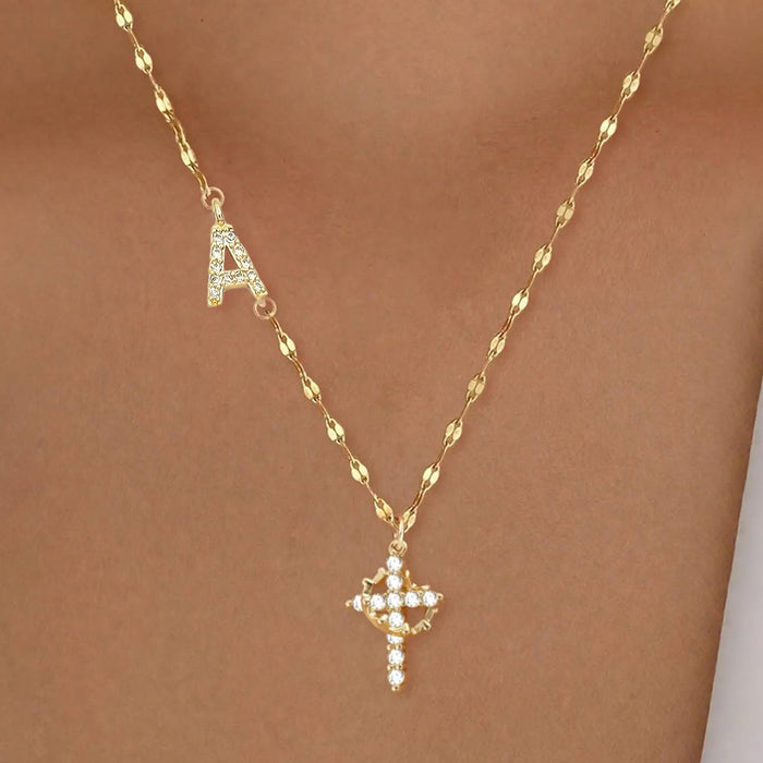 Golden & Silver-Tone Personalized A-Z Initial Crown Cross Necklace: Custom Sacred Faith Monogram Pendant Jewelry