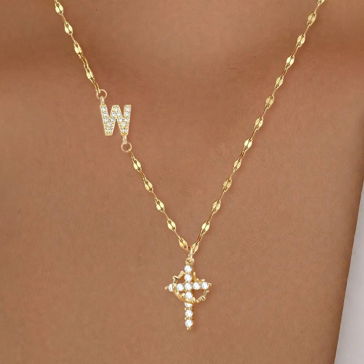 Golden & Silver-Tone Personalized A-Z Initial Crown Cross Necklace: Custom Sacred Faith Monogram Pendant Jewelry