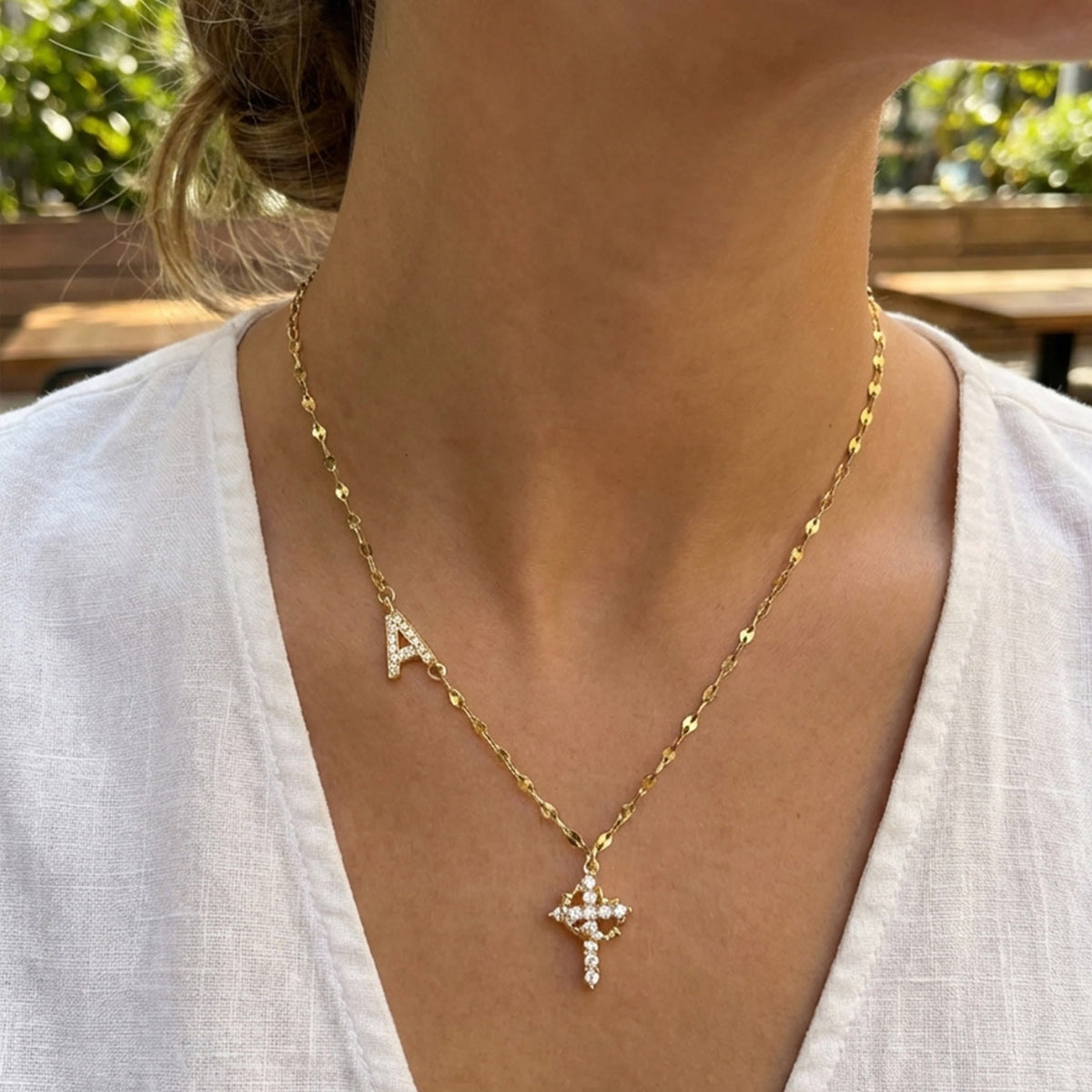 Golden & Silver-Tone Personalized A-Z Initial Crown Cross Necklace: Custom Sacred Faith Monogram Pendant Jewelry