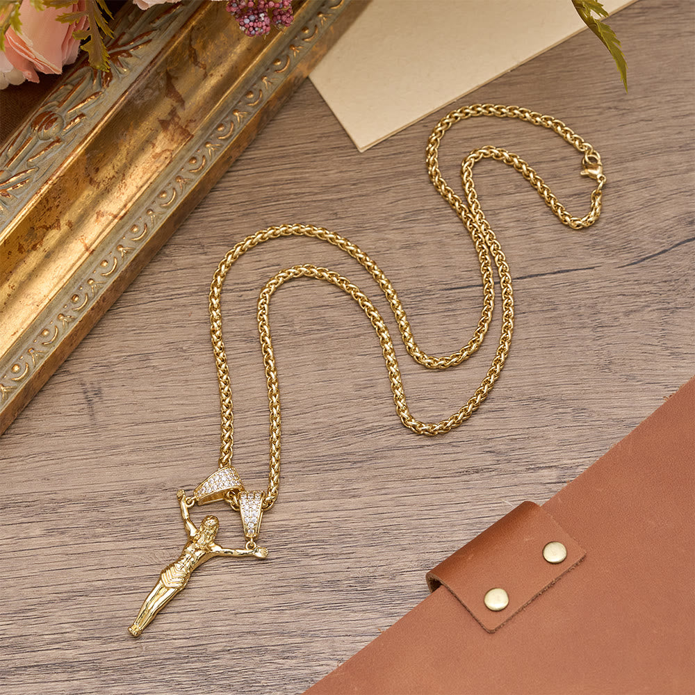 Zircon Embellished Moving Crucifix Necklace: Bold Statement Sacred Faith Wearable Art