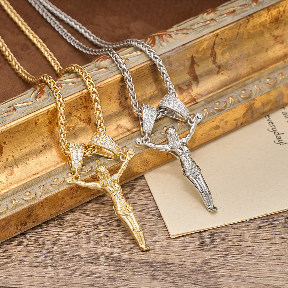 Zircon Embellished Moving Crucifix Necklace: Bold Statement Sacred Faith Wearable Art