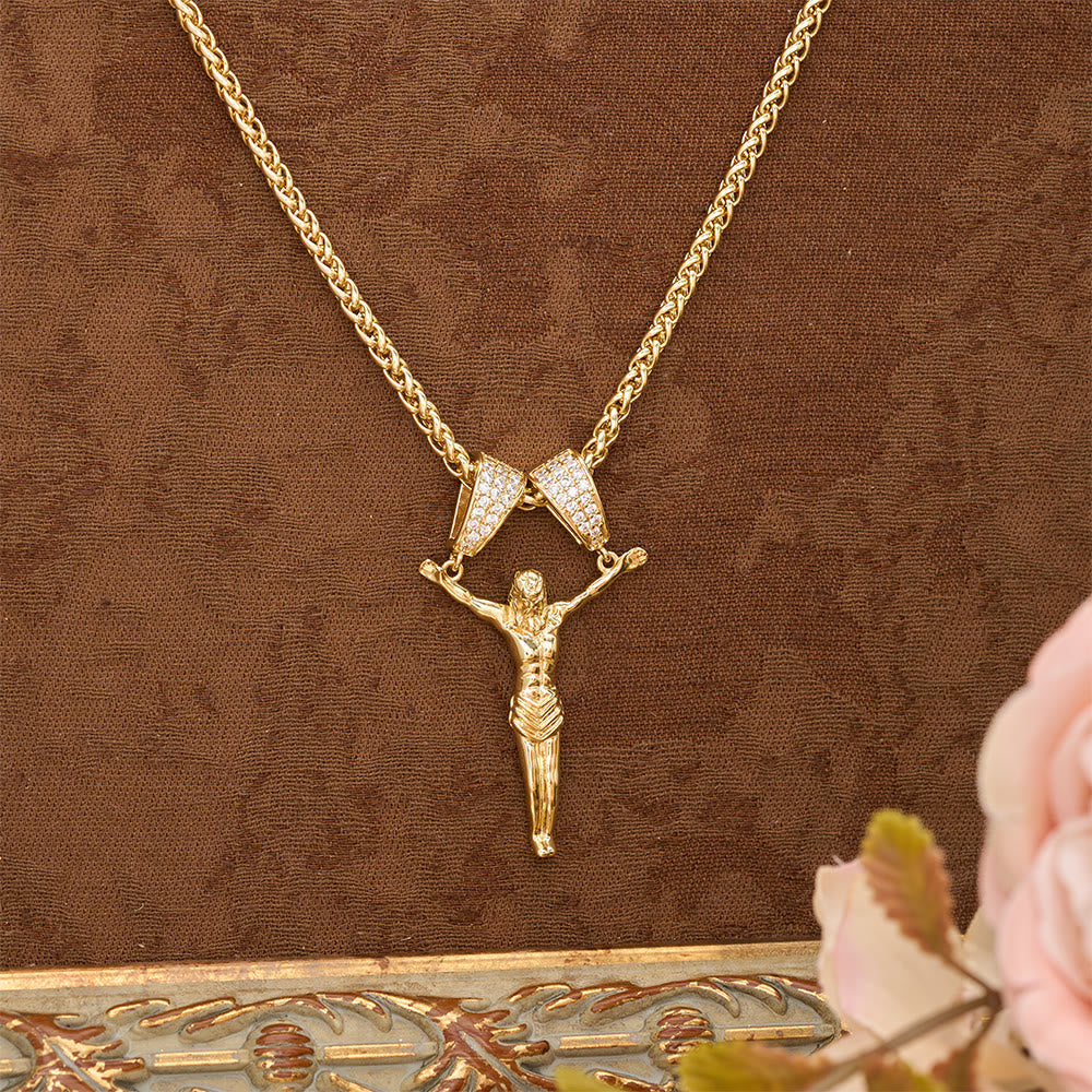Zircon Embellished Moving Crucifix Necklace: Bold Statement Sacred Faith Wearable Art