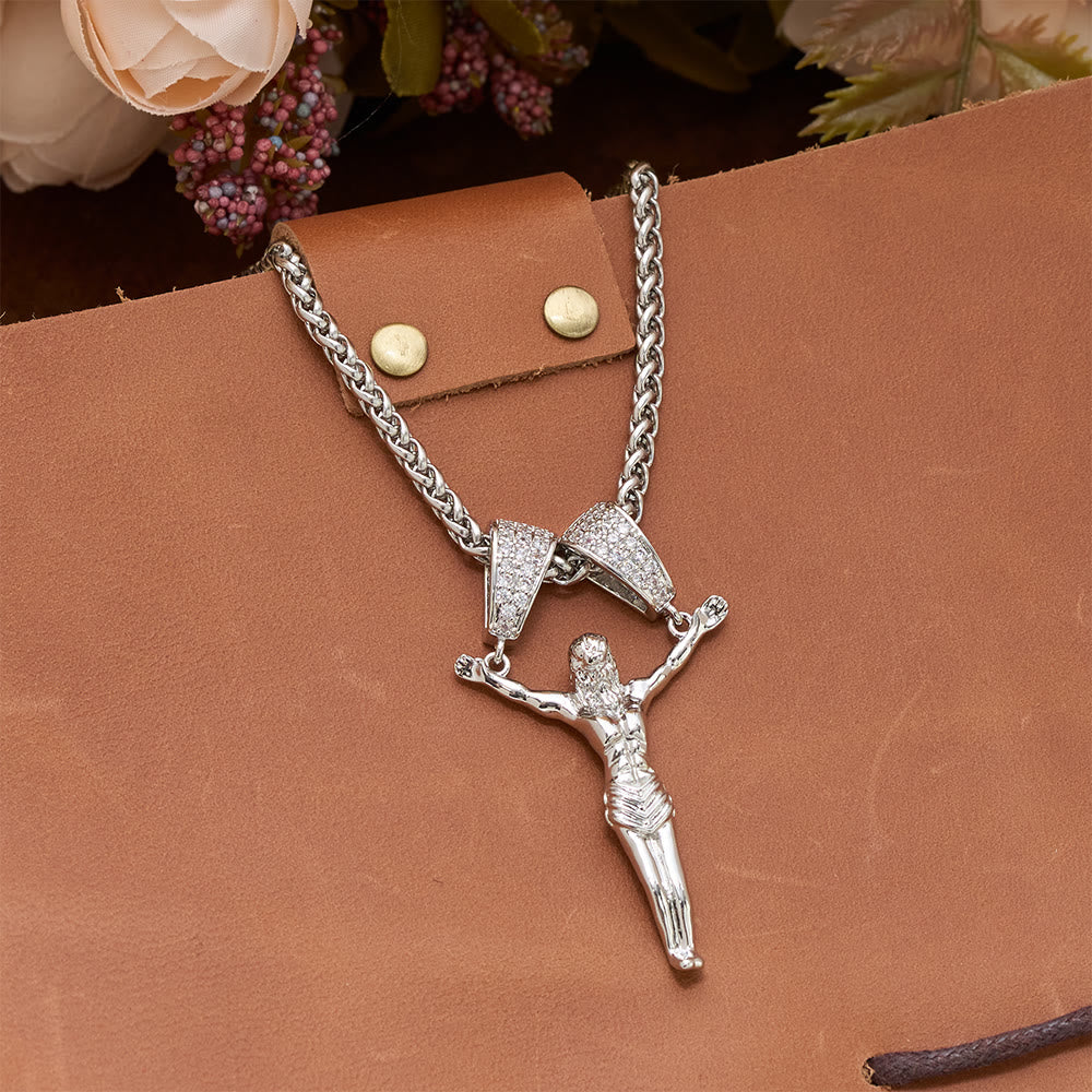 Zircon Embellished Moving Crucifix Necklace: Bold Statement Sacred Faith Wearable Art