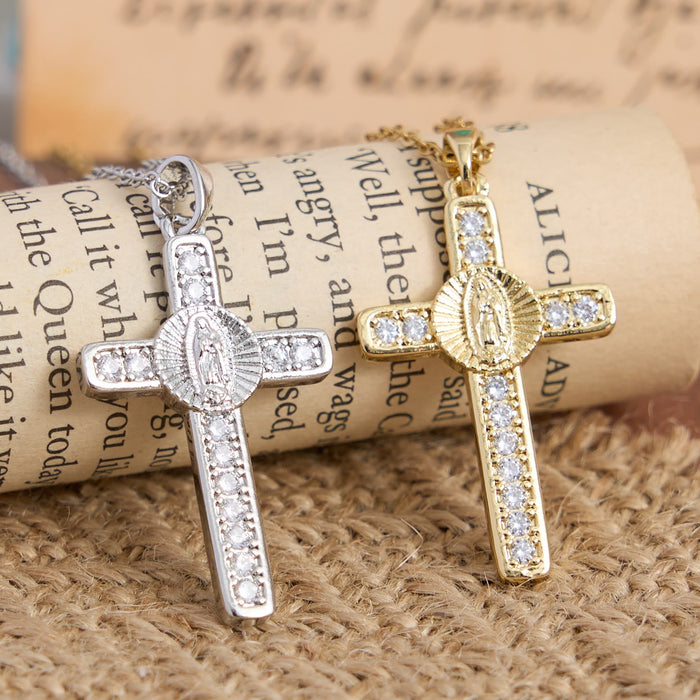 Sparkling Zircon Inlaid Our Lady Cross Necklace: Elegant Daily Devotional Faith Neck Wear