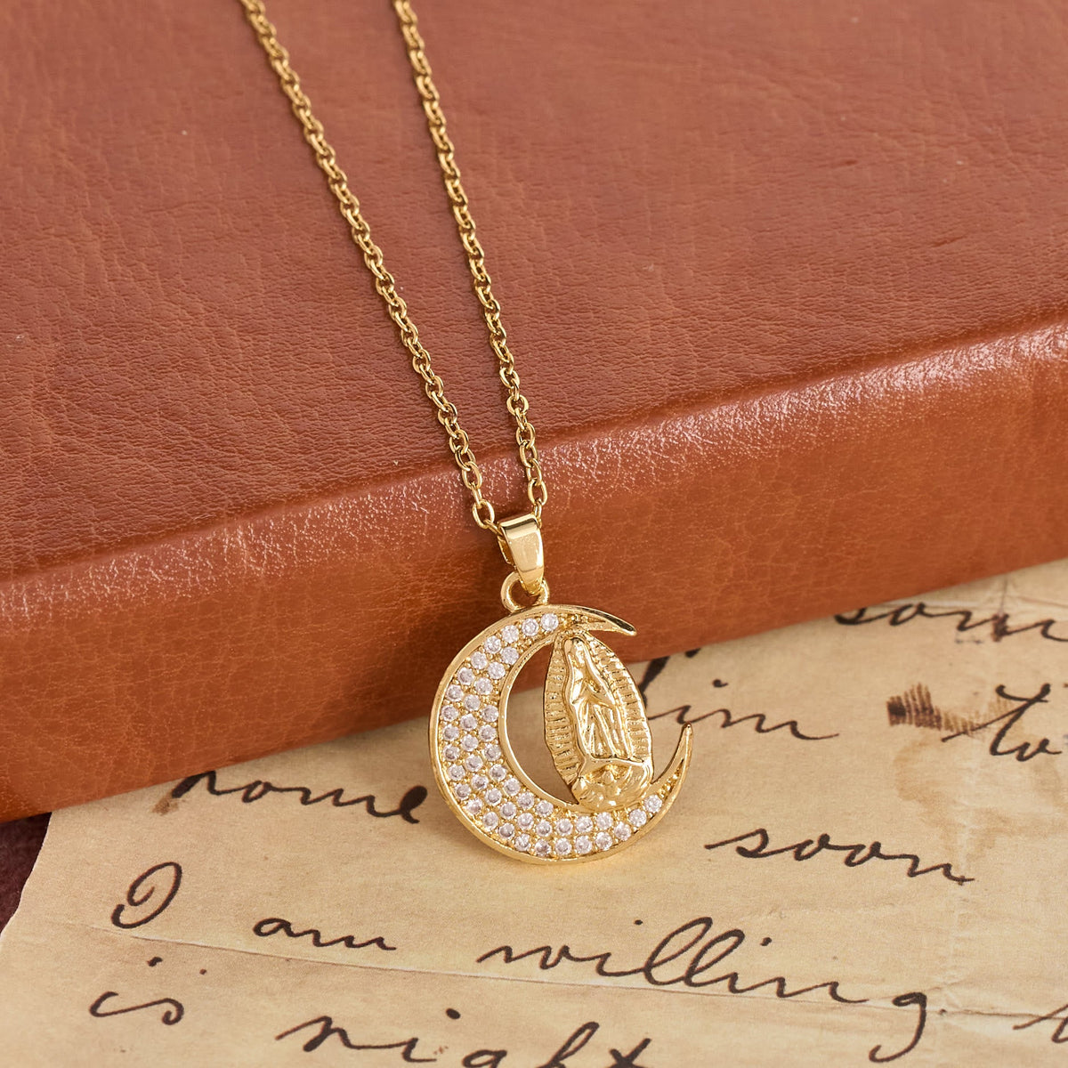 Crescent Moon Our Lady Zircon Necklace: Marian Grace Sacred Faith Pendant Jewelry