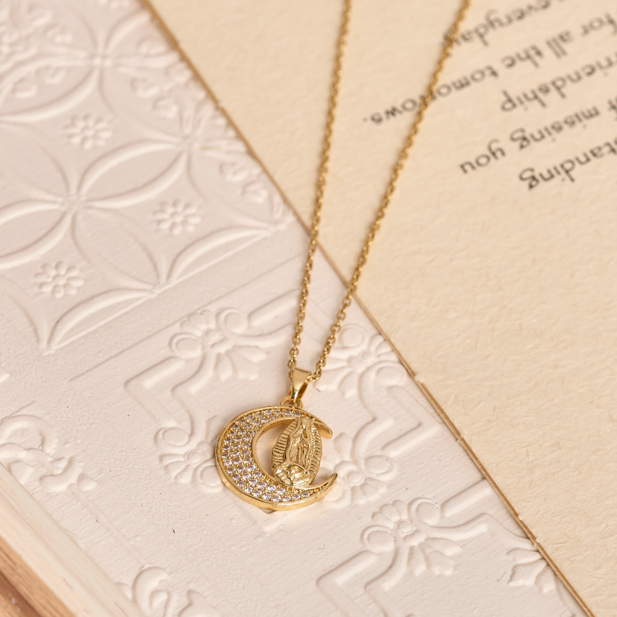 Crescent Moon Our Lady Zircon Necklace: Marian Grace Sacred Faith Pendant Jewelry