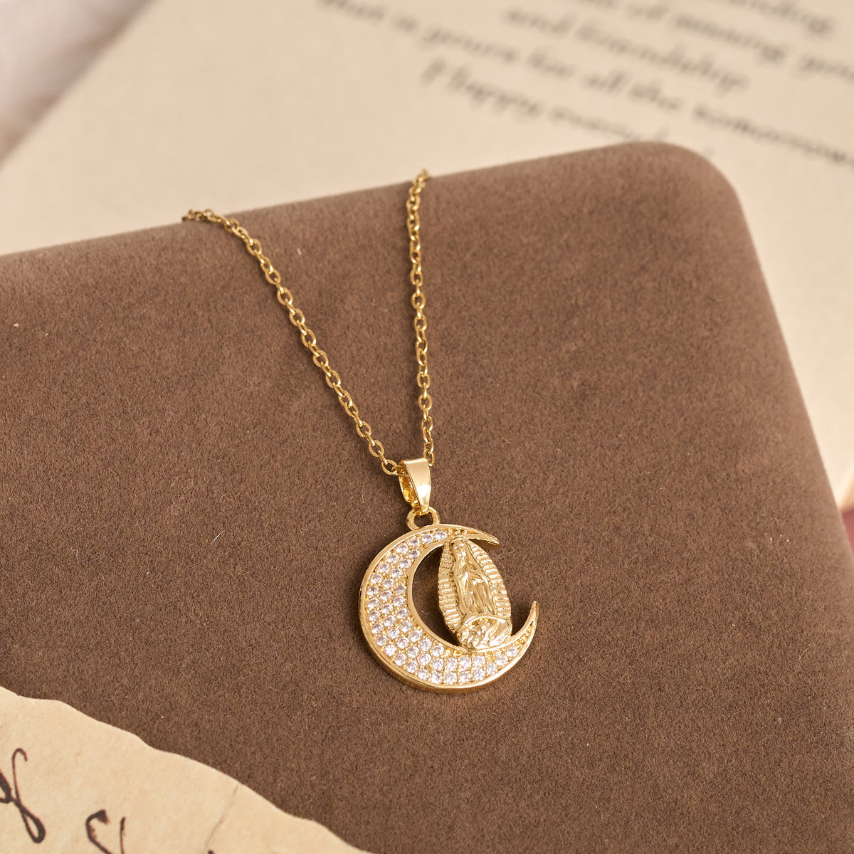Crescent Moon Our Lady Zircon Necklace: Marian Grace Sacred Faith Pendant Jewelry