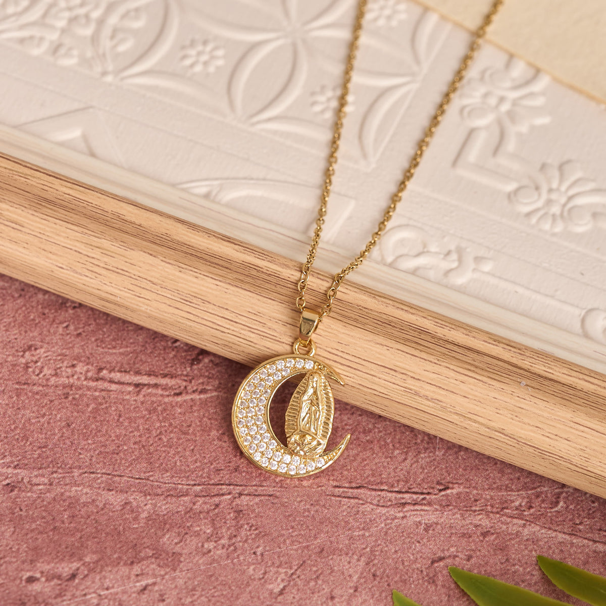 Crescent Moon Our Lady Zircon Necklace: Marian Grace Sacred Faith Pendant Jewelry