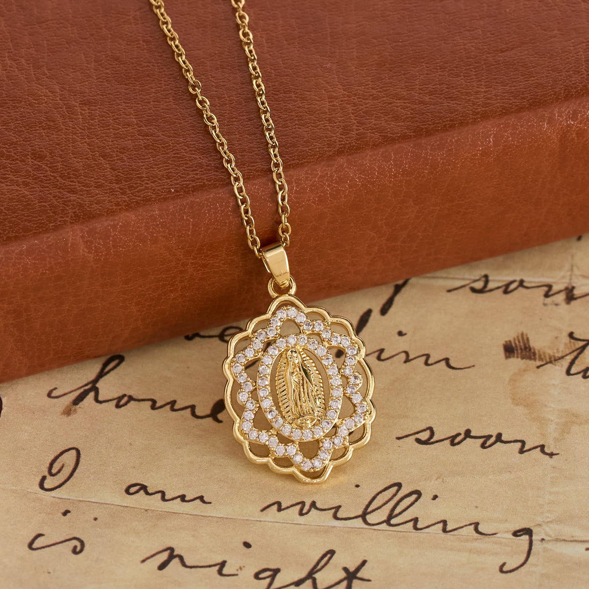 Ornate Lace-Edged Our Lady Zircon Necklace: Timeless Symbol Of Heavenly Maternal Protection
