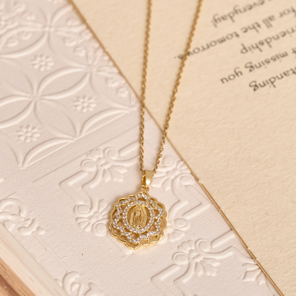 Ornate Lace-Edged Our Lady Zircon Necklace: Timeless Symbol Of Heavenly Maternal Protection