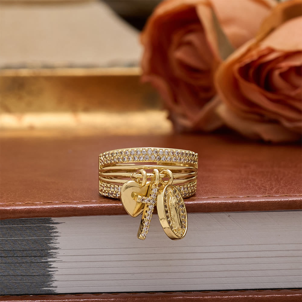 Zircon Virgin Mary Cross & Heart Charm Open Ring: A Symbol of Marian Grace and Sacred Love