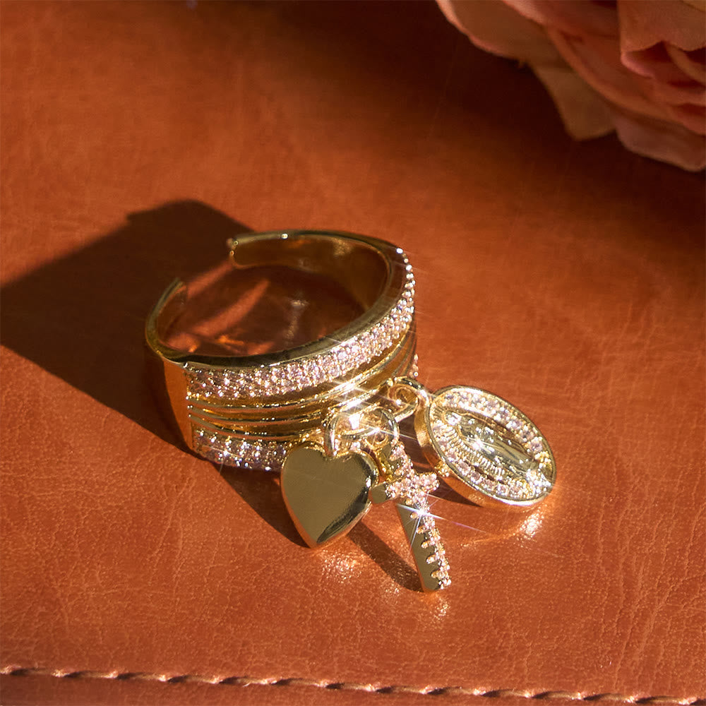 Zircon Virgin Mary Cross & Heart Charm Open Ring: A Symbol of Marian Grace and Sacred Love