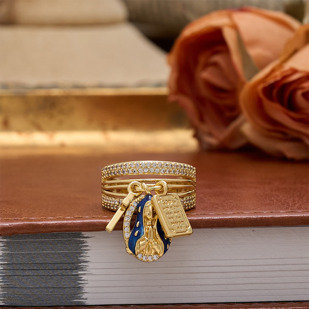 Zircon Virgin Mary Cross & Heart Charm Open Ring: A Symbol of Marian Grace and Sacred Love