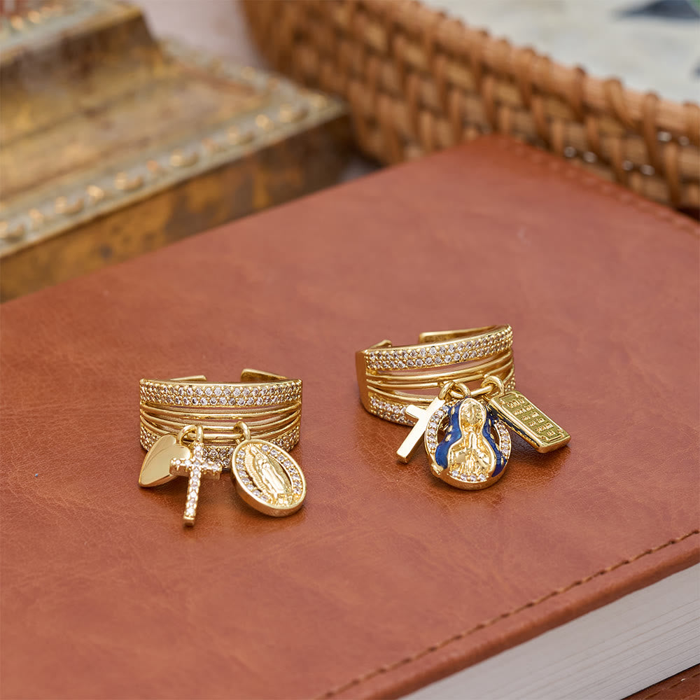 Zircon Virgin Mary Cross & Heart Charm Open Ring: A Symbol of Marian Grace and Sacred Love
