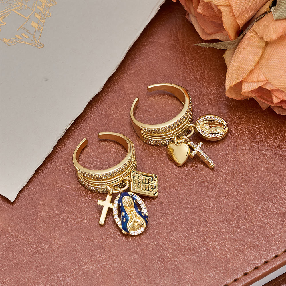 Zircon Virgin Mary Cross & Heart Charm Open Ring: A Symbol of Marian Grace and Sacred Love