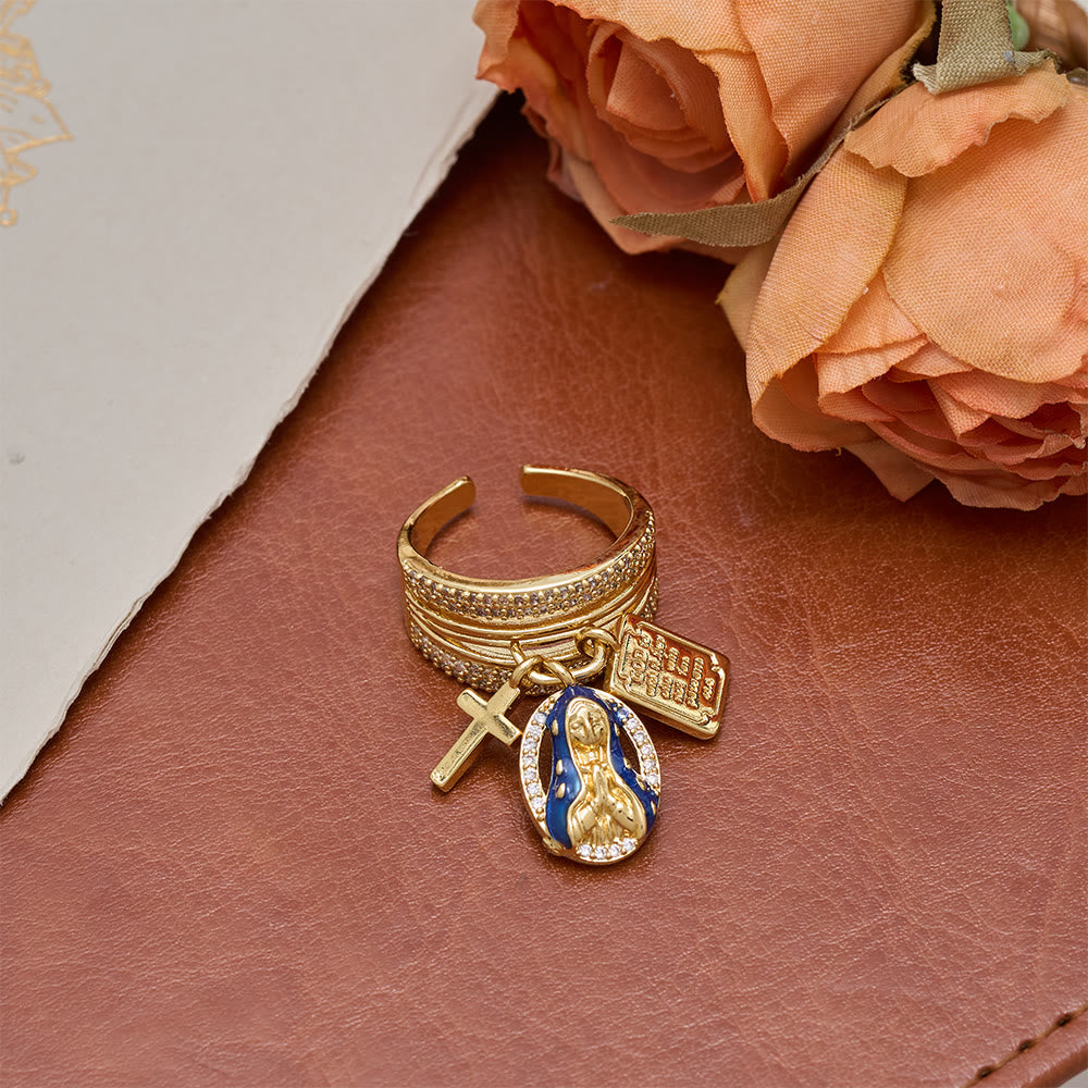 Zircon Virgin Mary Cross & Heart Charm Open Ring: A Symbol of Marian Grace and Sacred Love