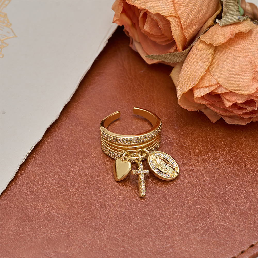 Zircon Virgin Mary Cross & Heart Charm Open Ring: A Symbol of Marian Grace and Sacred Love