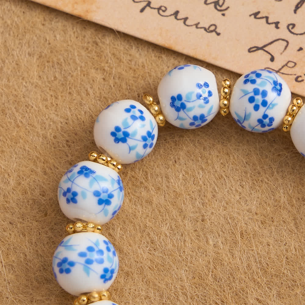 Blue Floral Porcelain Pocket Rosary with Elegant Our Lady & Cross