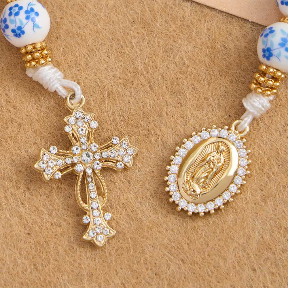 Blue Floral Porcelain Pocket Rosary with Elegant Our Lady & Cross