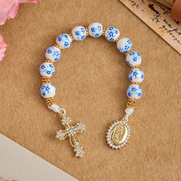 Blue Floral Porcelain Pocket Rosary with Elegant Our Lady & Cross