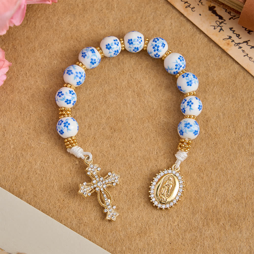 Blue Floral Porcelain Pocket Rosary with Elegant Our Lady & Cross