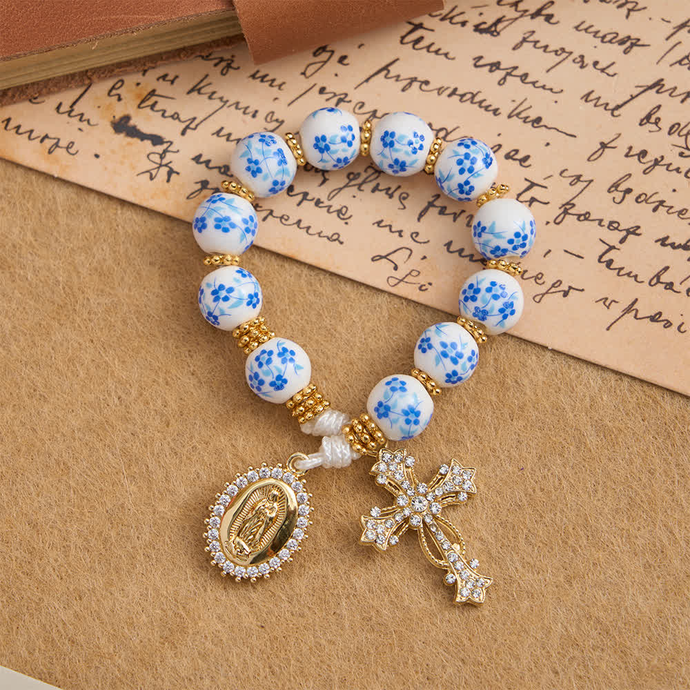 Blue Floral Porcelain Pocket Rosary with Elegant Our Lady & Cross