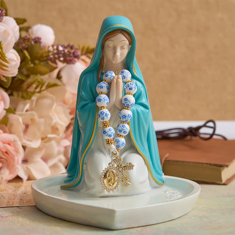 Blue Floral Porcelain Pocket Rosary with Elegant Our Lady & Cross
