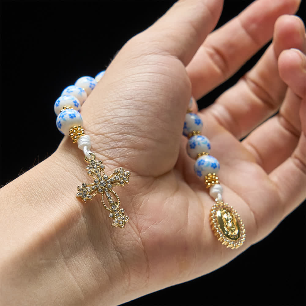 Blue Floral Porcelain Pocket Rosary with Elegant Our Lady & Cross