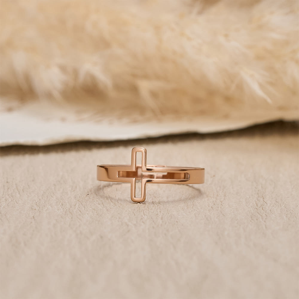 Minimalist Side Cut-Out Cross Open Ring: An Emblem of Understated Sacred Devotion