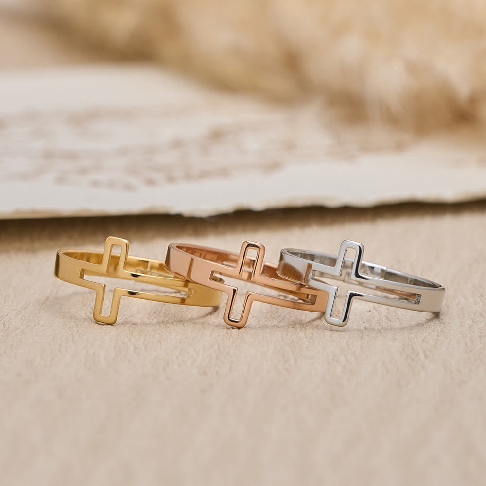 Minimalist Side Cut-Out Cross Open Ring: An Emblem of Understated Sacred Devotion