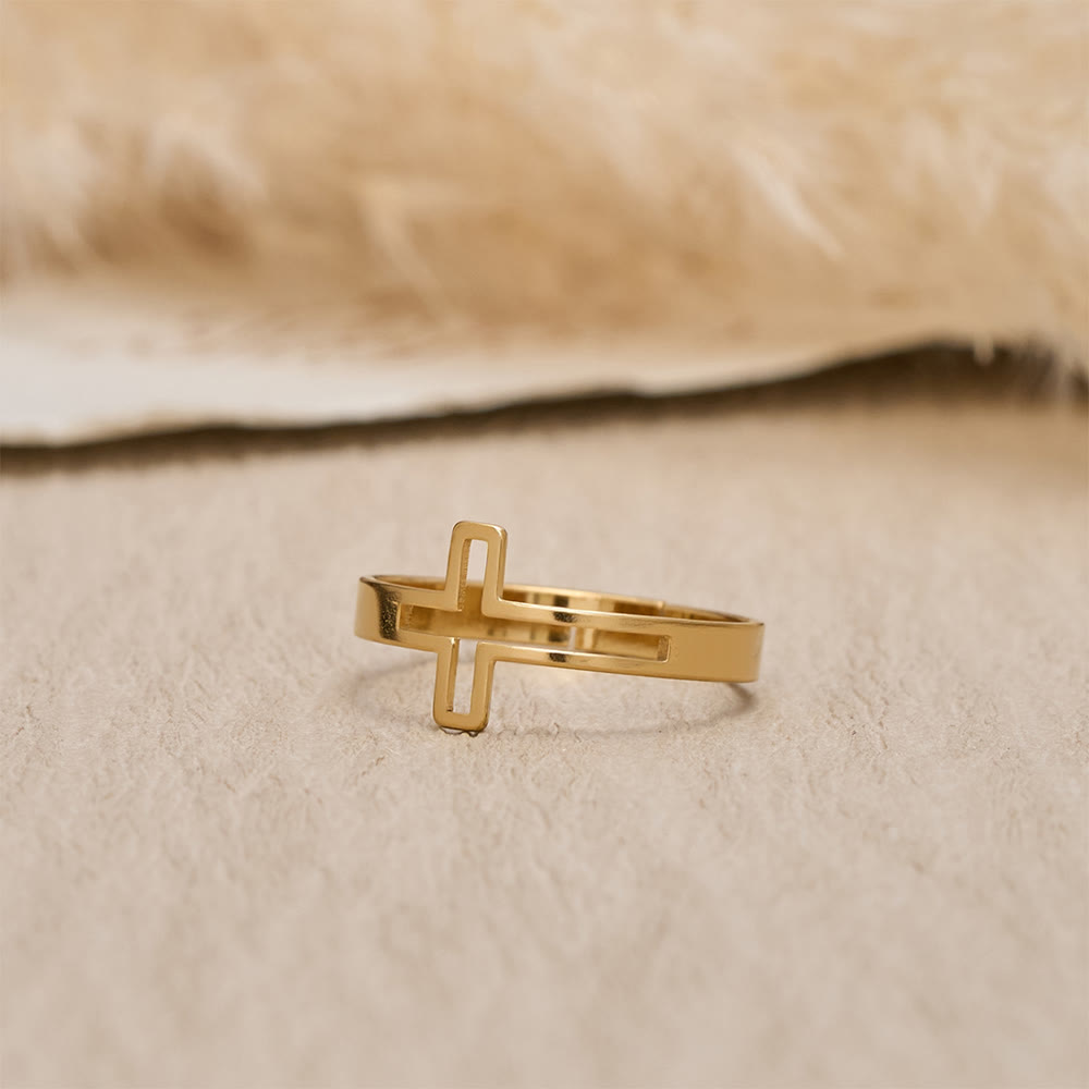 Minimalist Side Cut-Out Cross Open Ring: An Emblem of Understated Sacred Devotion